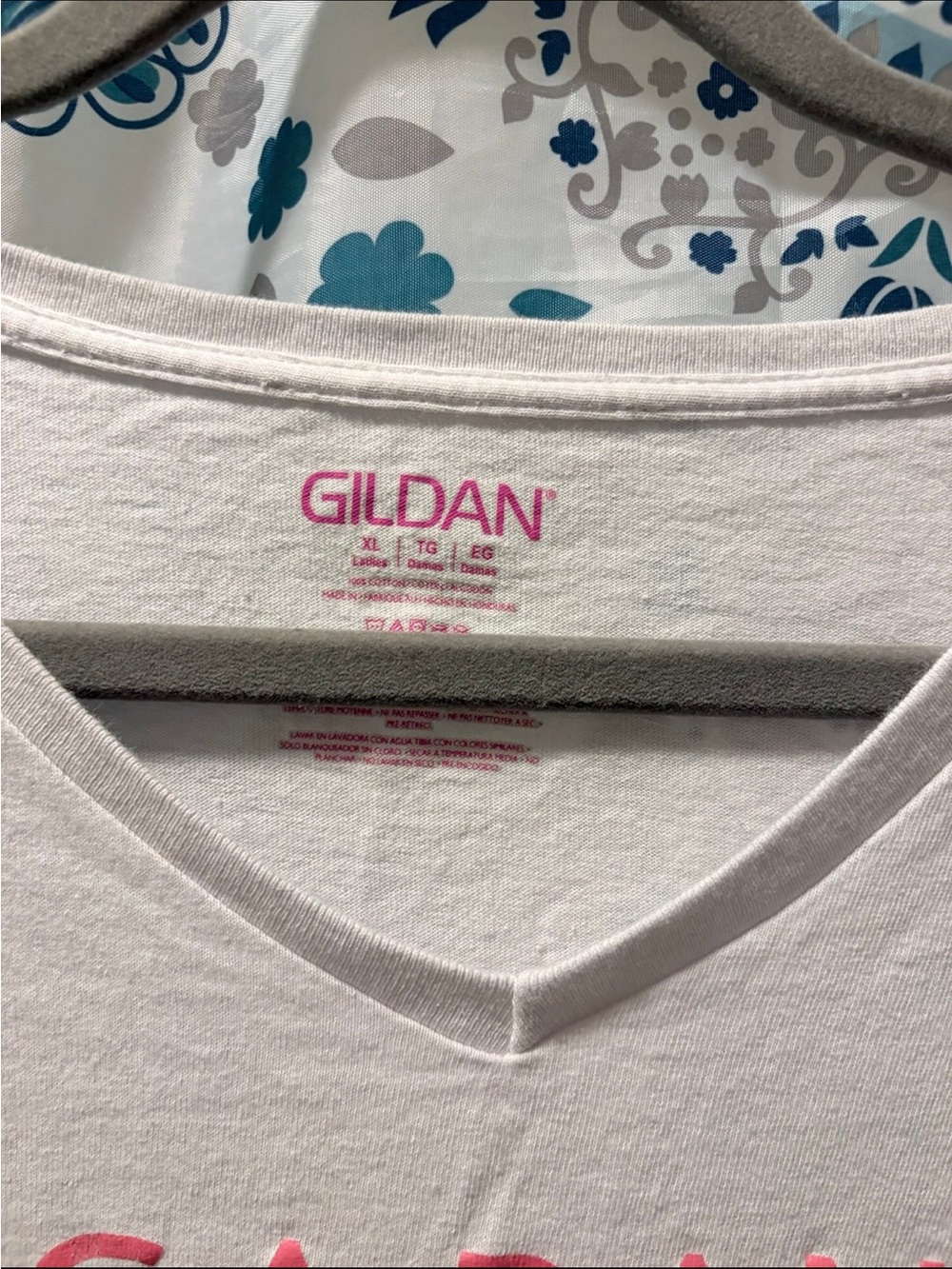 Gildan White V-Neck Tee with Pink Logo Print